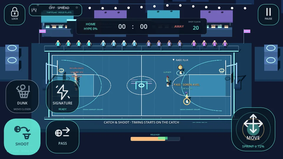 A three-on-three basketball court with catch-and-shoot timing and touch controls visible.