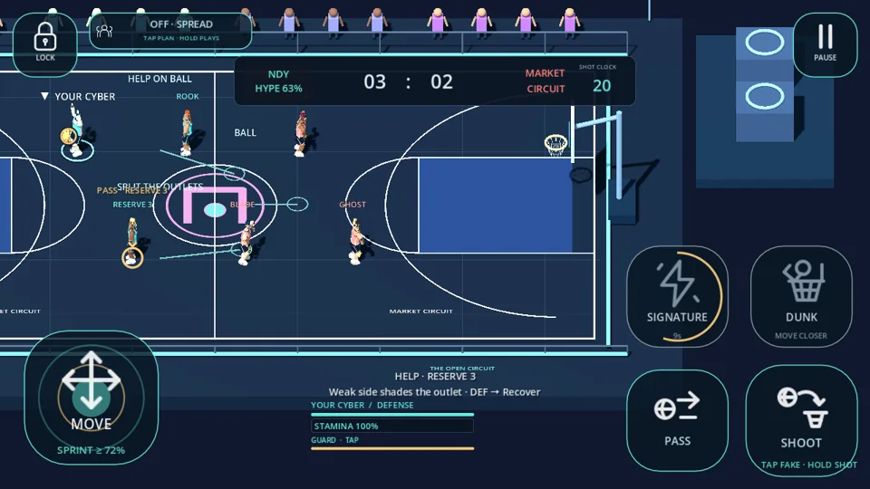 Dicyberus Basketball defensive play with players, passing lanes, and touch controls visible.