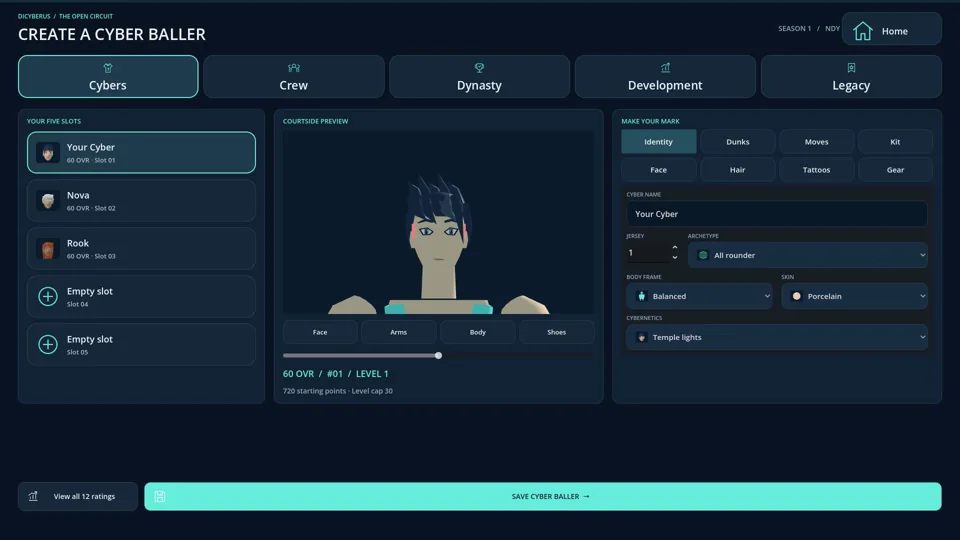 Create a Cyber Baller screen with saved character slots and a player preview.