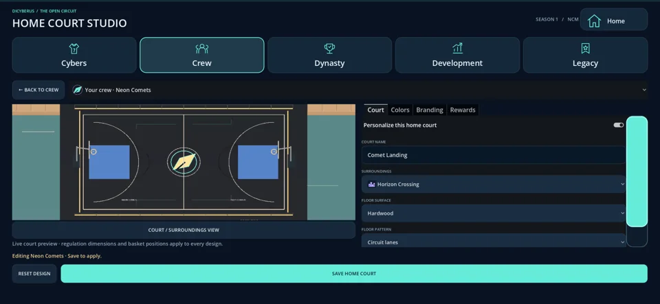 Home Court Studio with a court preview, color controls, and branding options.