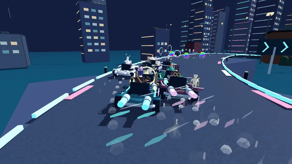 A Dicyberus kart rounds a city corner with drift effects beside its wheels.
