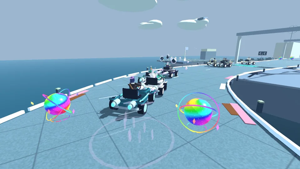 Dicyberus karts racing over the open decks of the Iron Horizon carrier circuit.