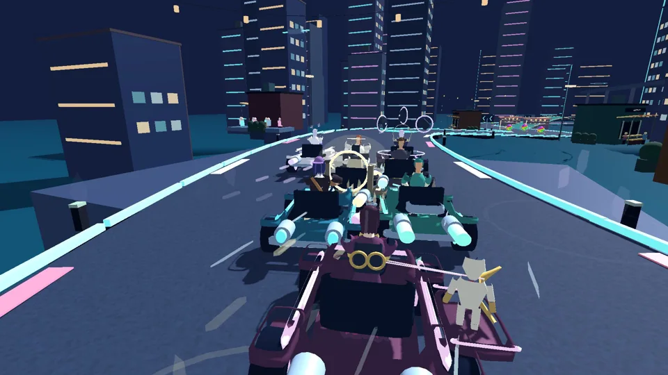 A close pack of karts racing between the towers of Cyburbia.