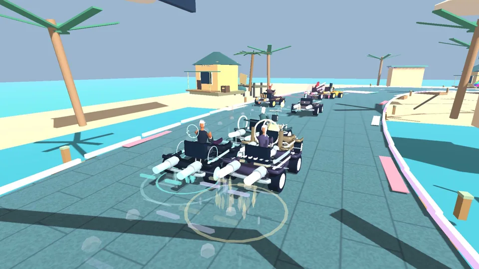 Dicyberus karts on a sunlit coastal circuit beside water and palm trees.