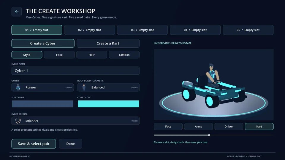 Create Workshop with driver and kart tabs, customization fields, and a kart preview.