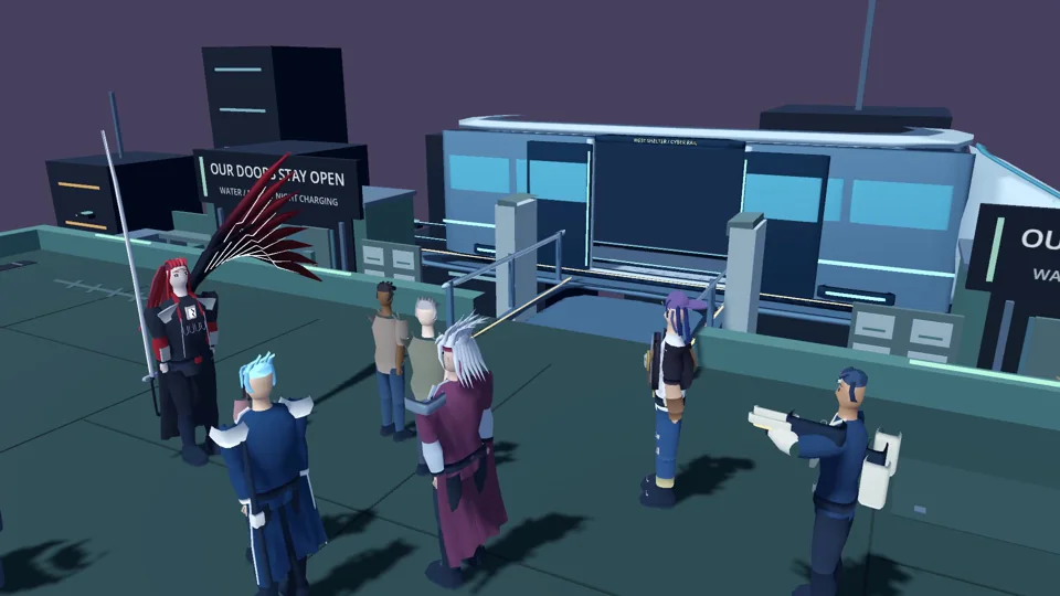 Cybers and civilians outside a building in Cyburbia.