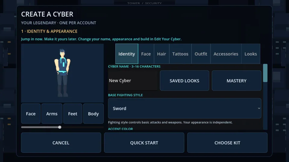 Dicyberus character creator with a Cyber preview, appearance tabs, and fighting-style options.