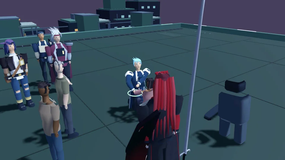 Cybers and civilians gathered beside a Cyburbia street during a rescue scene.